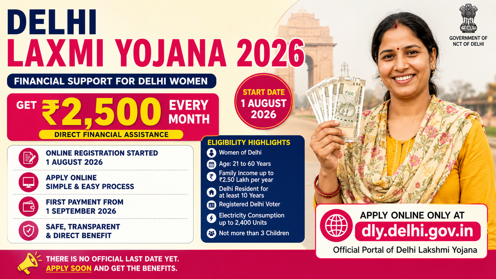Delhi Lakshmi Yojana 2026: ₹2,500 Monthly Aid, Eligibility, Last Date, Documents, Online Apply & Status