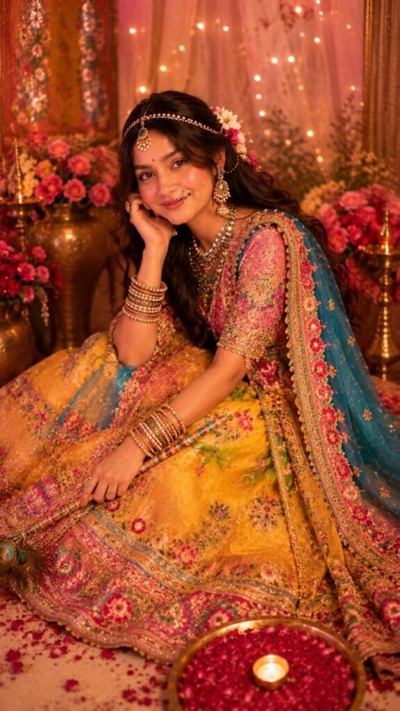 What is Gemini AI? How to create Images using prompts 2026, and how to get an HD perfect image by using Gemini AI with nano banana? 6 Create an ultra-realistic 9:16 close-up portrait of the same girl in a completely different pose, styled as Radha Rani. Dress her in a vibrant hot-pink, magenta, teal and gold heavily sequined lehenga with intricate floral embroidery and a sheer embellished dupatta. Keep her long voluminous wavy dark hair, adorned with flowers, maang tikka, nath, emerald-kundan jewelry and stacked bangles. Pose her gracefully with one hand supporting her cheek and a soft divine smile. Add a dreamy Vrindavan-inspired festive setting with flowers, golden fairy lights, brass décor, rose petals and warm diya glow. Luxurious, devotional, cinematic, feminine, photorealistic, highly detailed, natural skin texture, shallow depth of field.